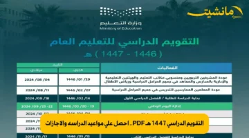 التقويم الدراسي 1447 هـ PDF.. احصل على مواعيد الدراسة والإجازات